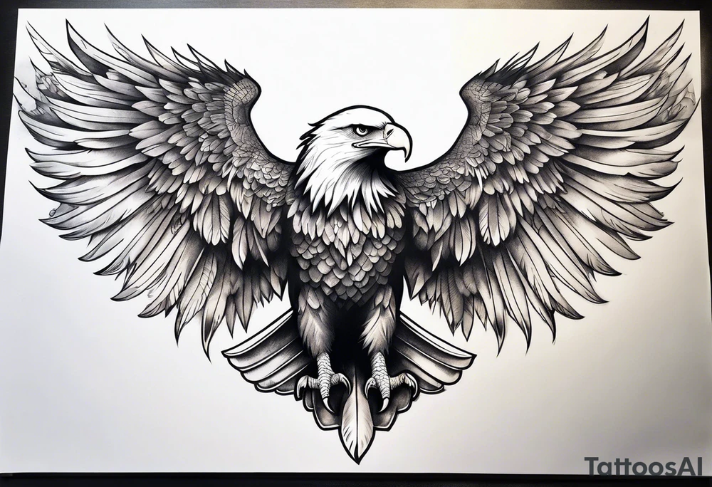 Eagle wings across upper back and shoulders with detailed feathers tattoo idea