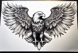 Eagle wings across upper back and shoulders with detailed feathers tattoo idea