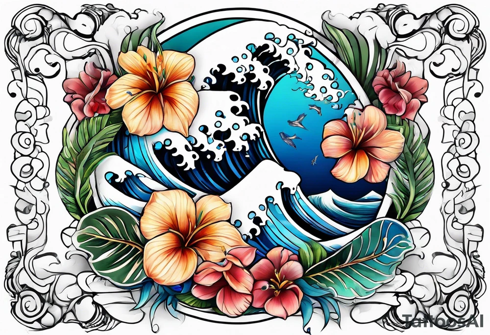sea, flower, palm, animal tattoo idea