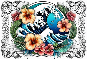 sea, flower, palm, animal tattoo idea