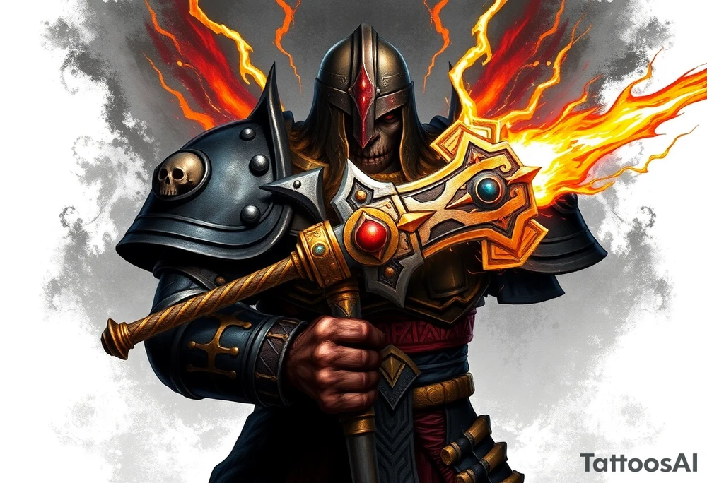 Warhammer, the Old World. A warrior priest of Sigmar holding The Warhammer of Sigmar. The Warhammer of Sigmar is radiating thunderous energy. The Warhammer is held by the warrior priest with both hands at the handle with a firm grip inorder to contain its unlimited energy, upon his chest level. The Warrior priest is wearing dark alloyed heavy armour (reference armor from warhammer vermintide 2 Victor Saltzpyres, the warrior priest of Sigmar class) with skull sigils on his shoulder pads. The warrior priest is wearing a helmet, while the helmets front visor has an humanoid face covering. The helmet and armour are gladened with hints of gold and crimson red. The Warhammer is silverish and golden with a long handle tattoo idea