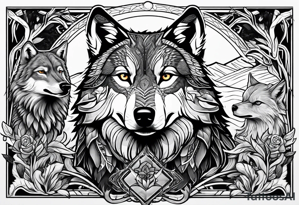 Hawk and a Wolf, Nature Scenery, and names Grayson, Bennett, Layden, Xavian, Amelia, Braxton tattoo idea
