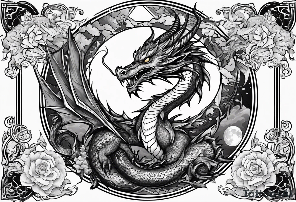 Dragon with Seven shape with full moon on background tattoo idea