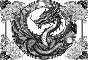Dragon with Seven shape with full moon on background tattoo idea