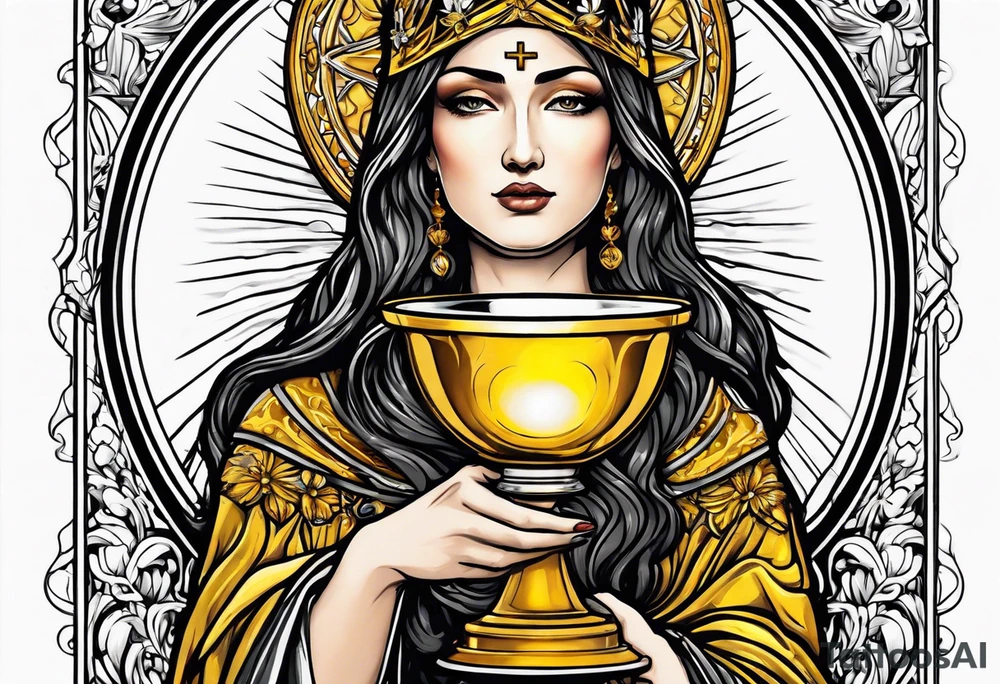 holy saint woman turned away with golden halo holding a chalice tattoo idea