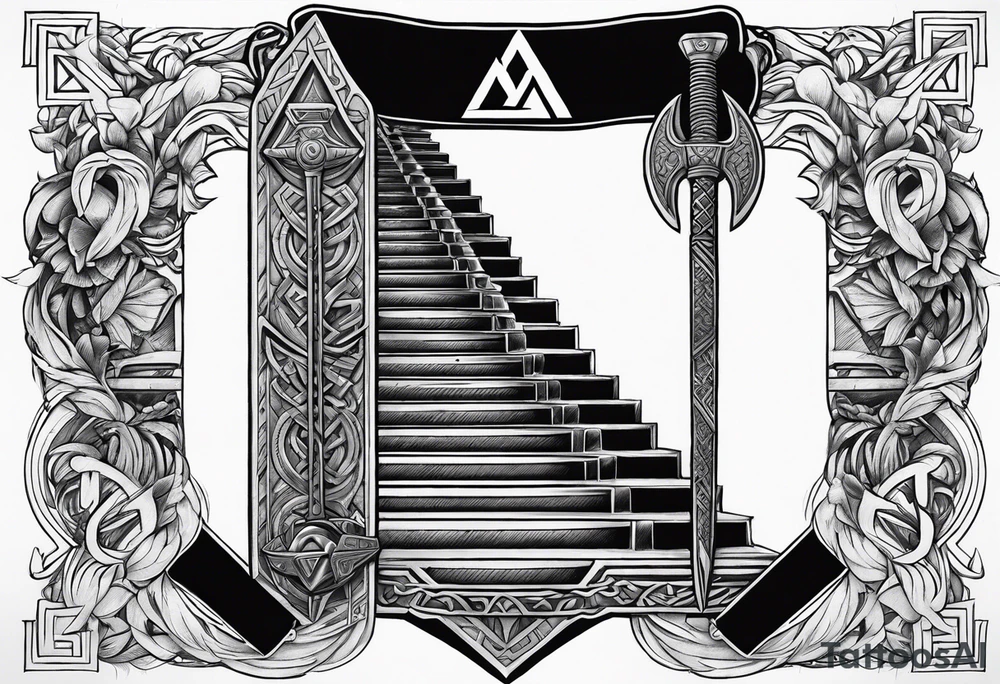 Valhalla sword shield axe Valknut stairs tattoo idea
