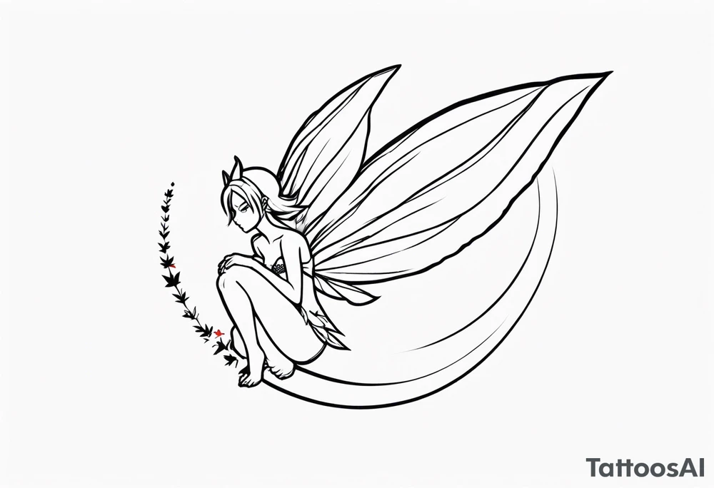 A fairy with a tail inspired by the logo of the show called Fairy Tail in a fetal position leaning with no ears tattoo idea