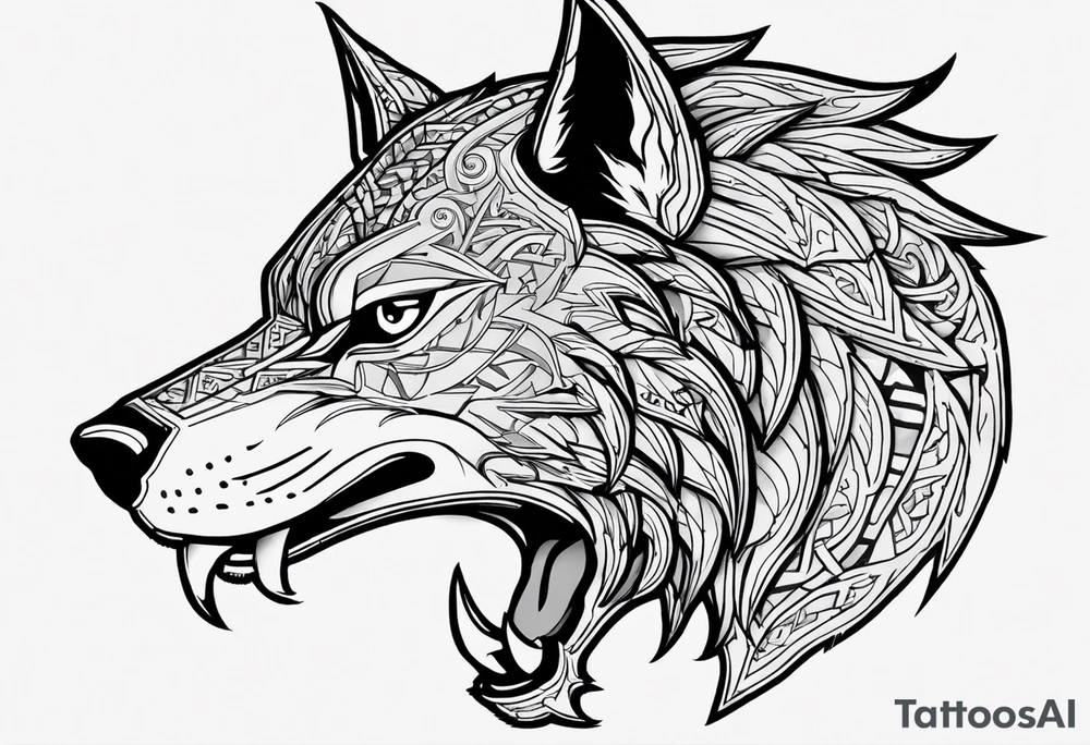 Legend of zelda link wolf head that is in profile with mouth open, this should be the bottom of the tatoo on a bicep , the top should transition in through his mane on top and it should be an ouroborus (dragon not snake) surrounding vegvisr tattoo idea