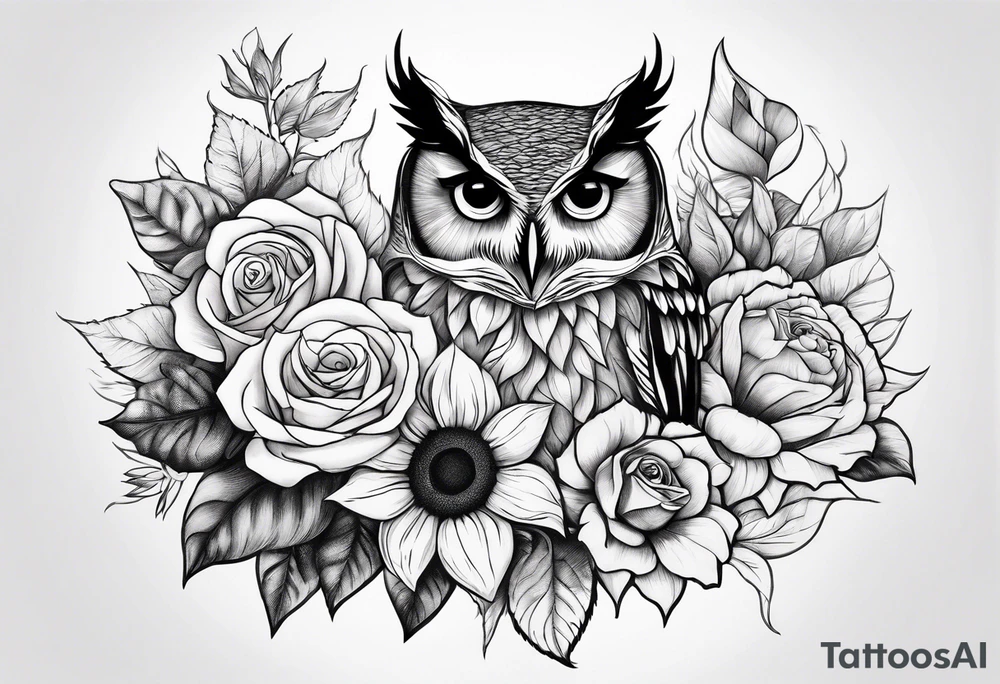 Sunflower and rose flower, owl tattoo idea