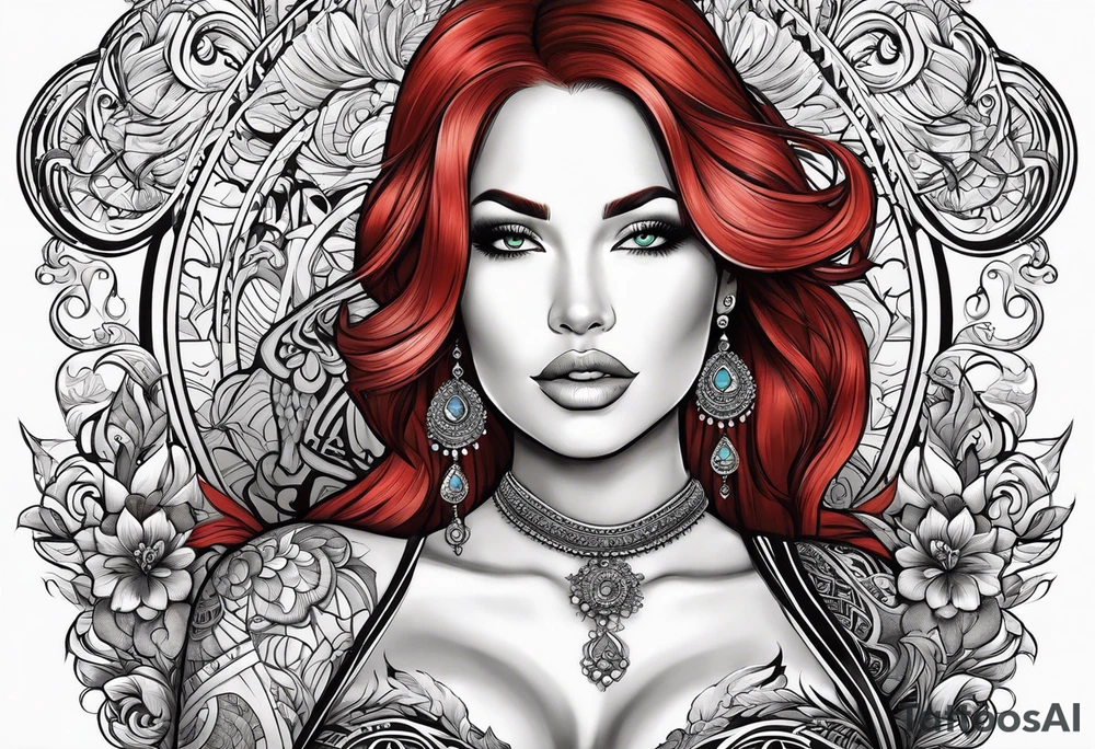Busty red hair woman with bearded man black hair tattoo idea