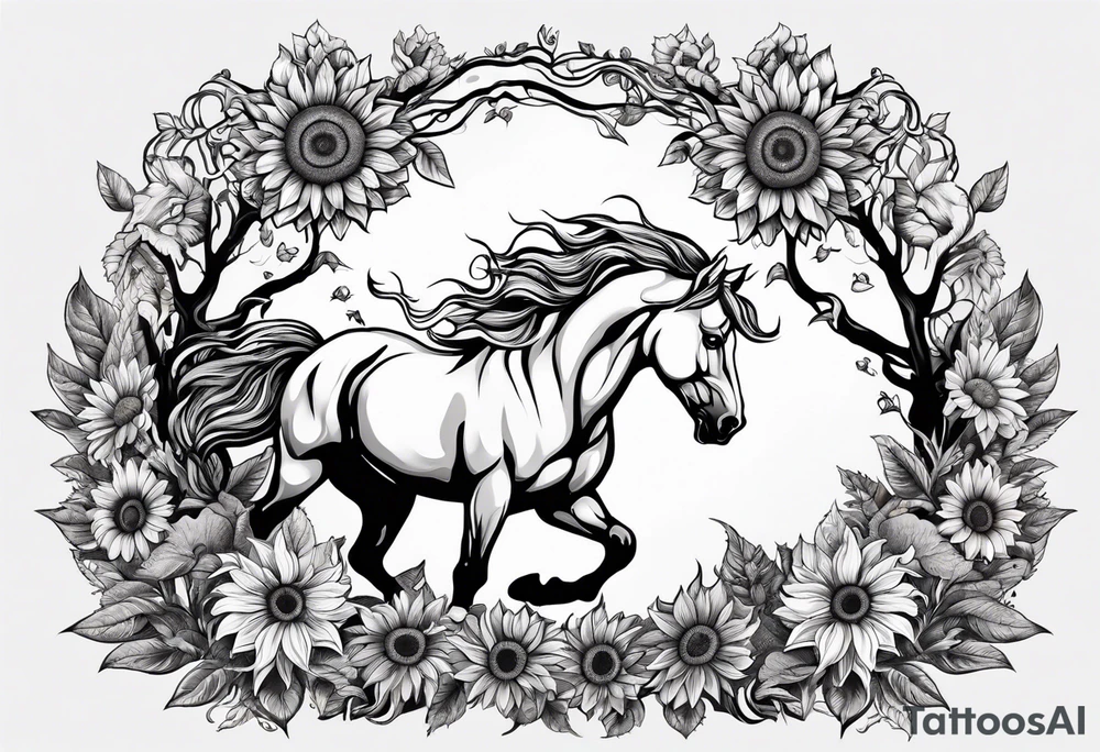 Yggdrasil tree, horse, sunflower tattoo idea