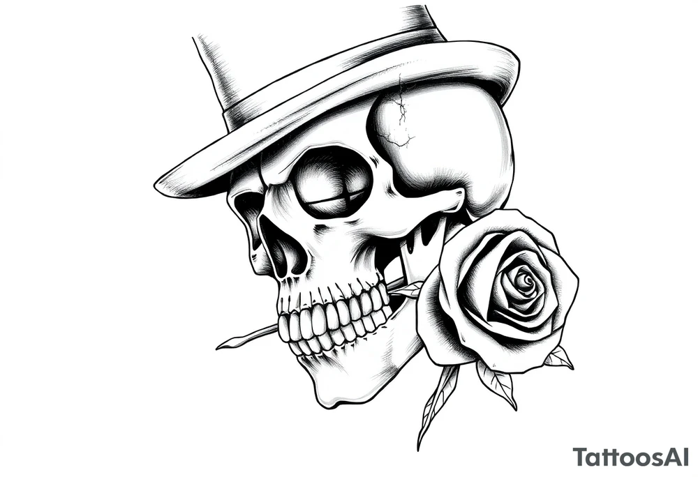 a skull with top-hat and a rose in his mouth. tattoo idea