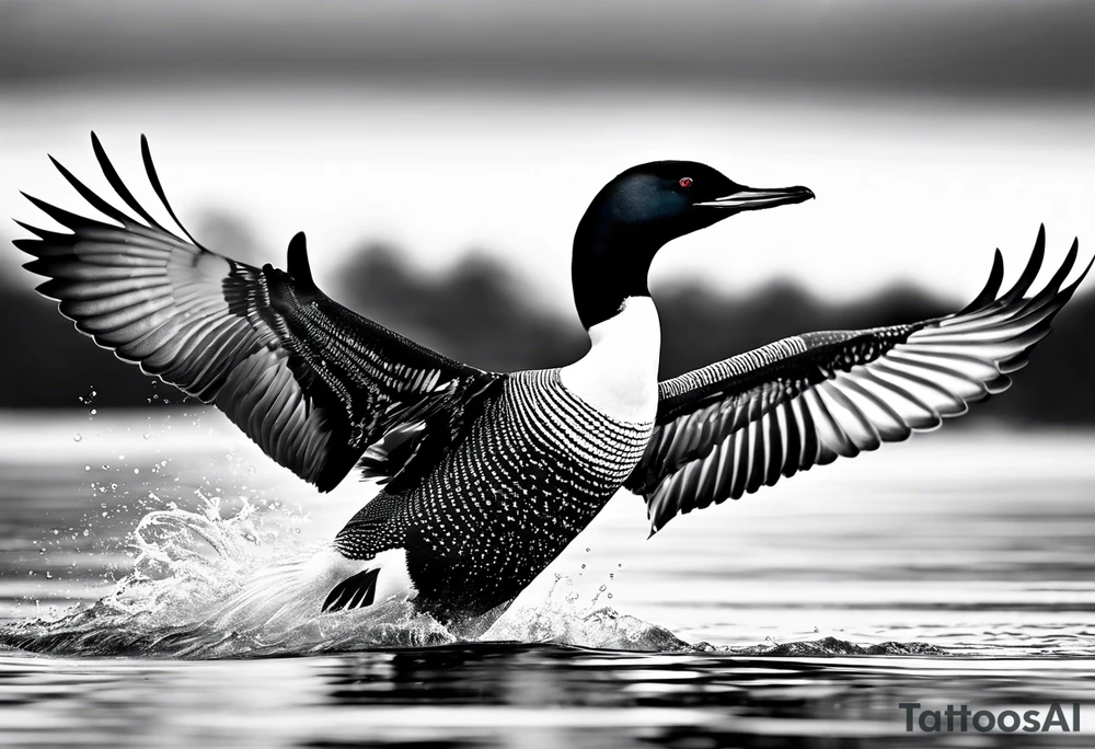 A North American common loon looking majestic as it spreads its wings in the water. On the mid-upper thigh. tattoo idea