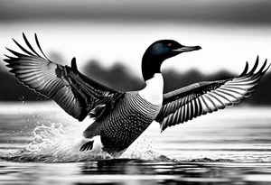 A North American common loon looking majestic as it spreads its wings in the water. On the mid-upper thigh. tattoo idea