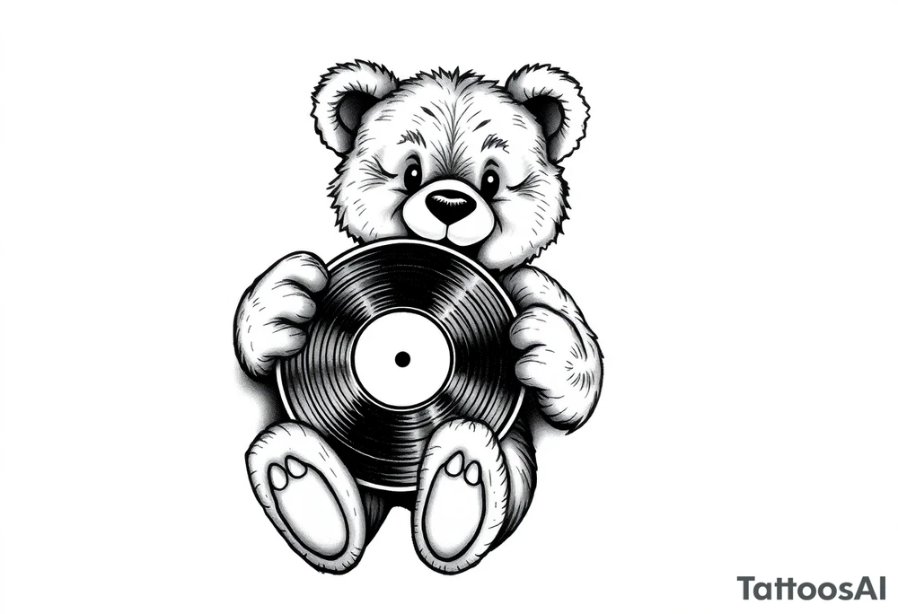 smiling teddy bear holding a vinyl record tattoo idea