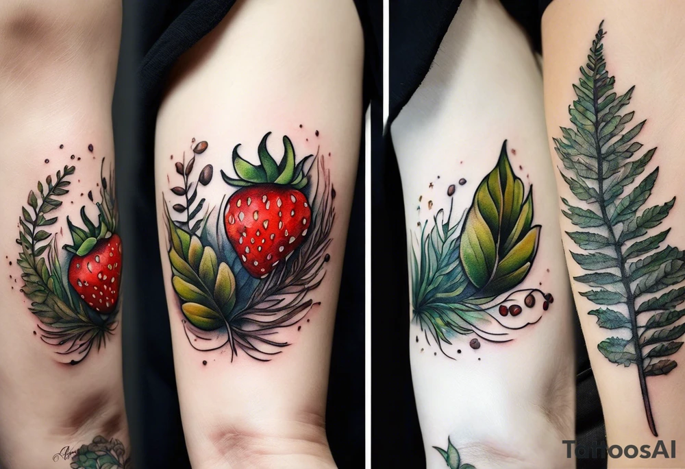 forest floor inspired minimalist tattoo, which includes grass, curly ferns and dead leaves as the bulk of the tattoo. details to include: three very tiny strawberries, a tiny bumblebee flying nearby, three small brown mushrooms tattoo idea