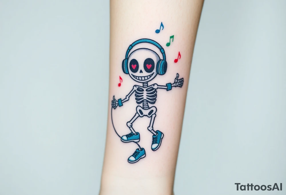 Cute smiley skeleton with heart shape eyes  jumping on a jump rope with both hands blue headphones blue armbands blue sneakers and colorful  music notes around his head tattoo idea
