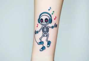 Cute smiley skeleton with heart shape eyes  jumping on a jump rope with both hands blue headphones blue armbands blue sneakers and colorful  music notes around his head tattoo idea