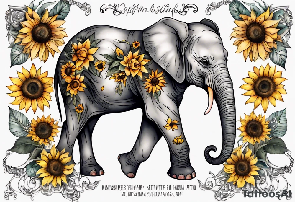 Under boob sternum baby elephant with sunflowers tattoo idea