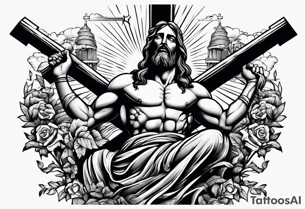 Jesus bench pressing the cross tattoo idea