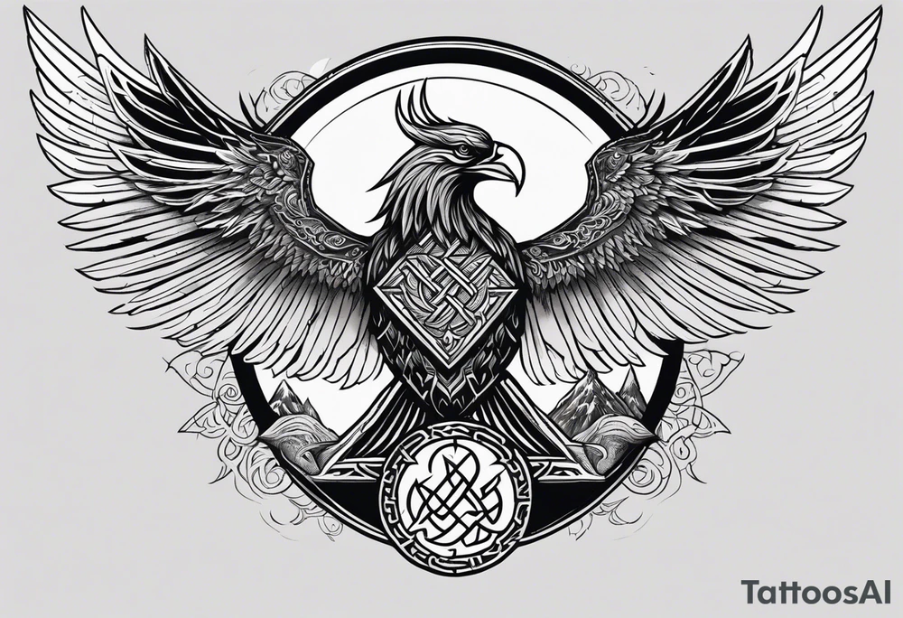 Viking design tattoo to go down the upper arm, so long and thin.
 Vegvisir on top of an existing phoenix tattoo with its wings outstretched, below it a Viking valknut symbol intertwined beneath it a tree if life design tattoo idea