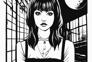 portrait of tomie standing up a character by the horror manga author junji ito full body standing murderously. add more horror and gore elements tattoo idea