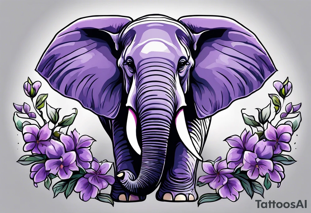 Elephant sitting with trunk morphing into lilacs tattoo idea