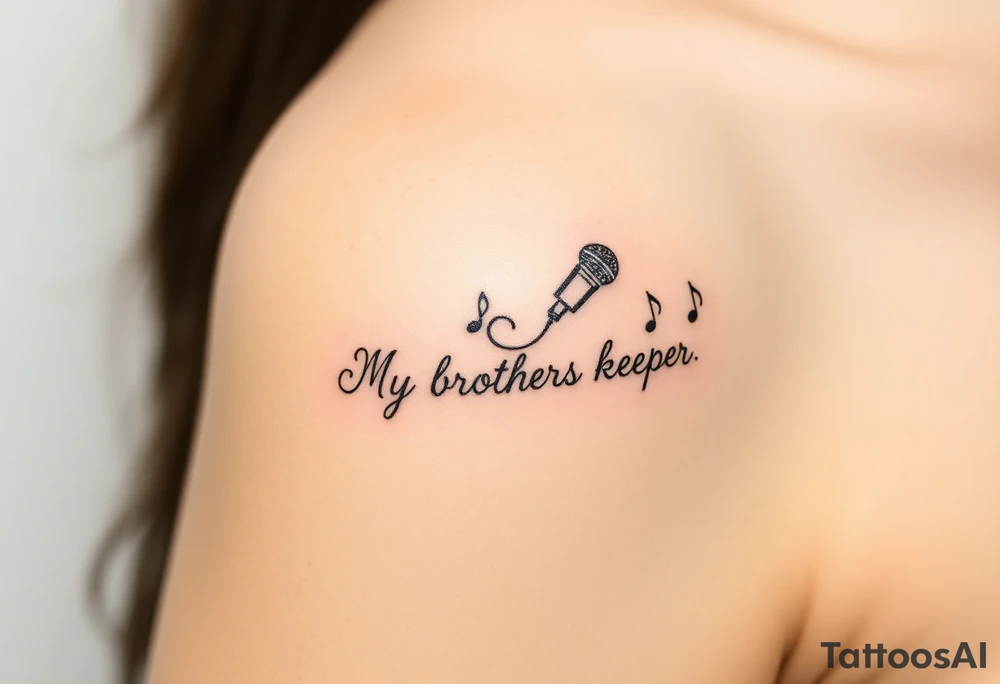 A microphone end of cord drawing the words “My brothers keeper” and music notes tattoo idea