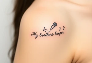 A microphone end of cord drawing the words “My brothers keeper” and music notes tattoo idea