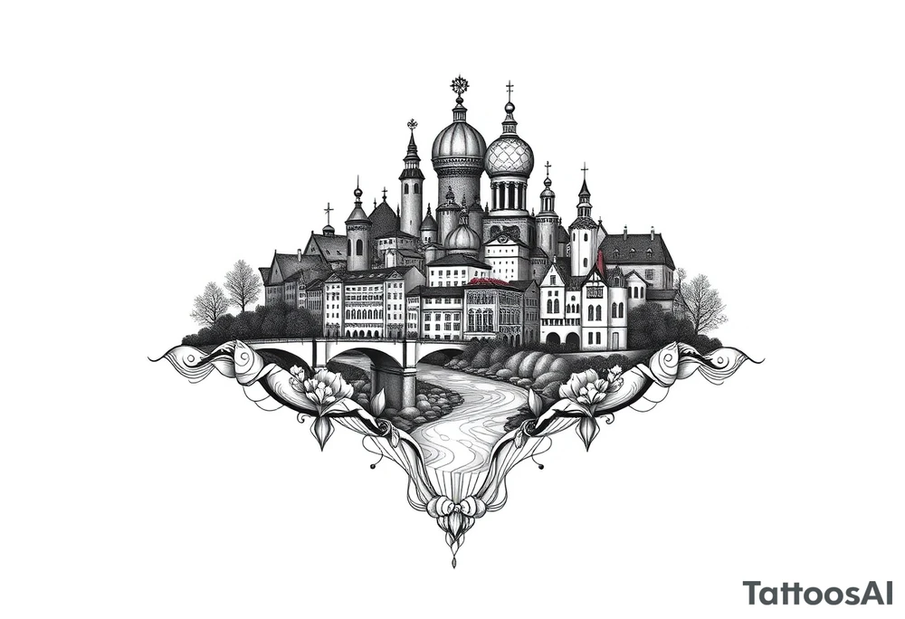 Magical city with river and bridge tattoo idea