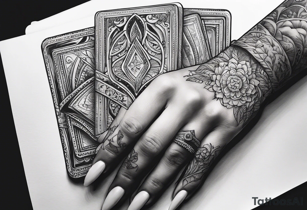 woman hand holding cards tattoo idea
