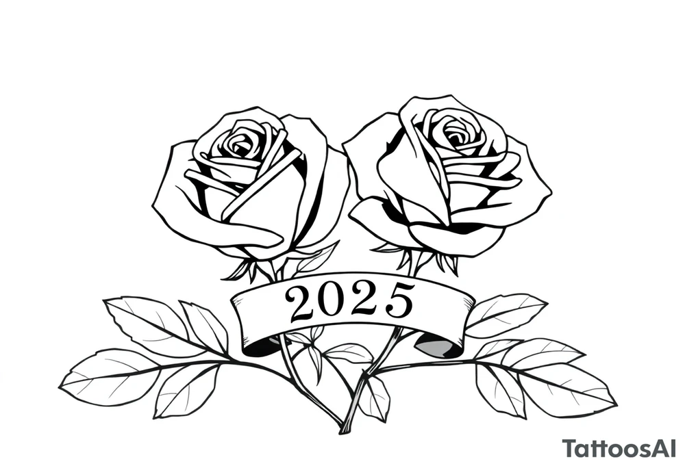 two beautiful large rose buds, one larger than the other, with many leaves next to the rose buds, with one sitting higher than the other. Include a banner connecting the two roses with the year 2025 on it.   Use dark outlines with little shading. The two stems should be short, not long, and connect and join into one stem, whimsically curved or twisted - not straight down. tattoo idea