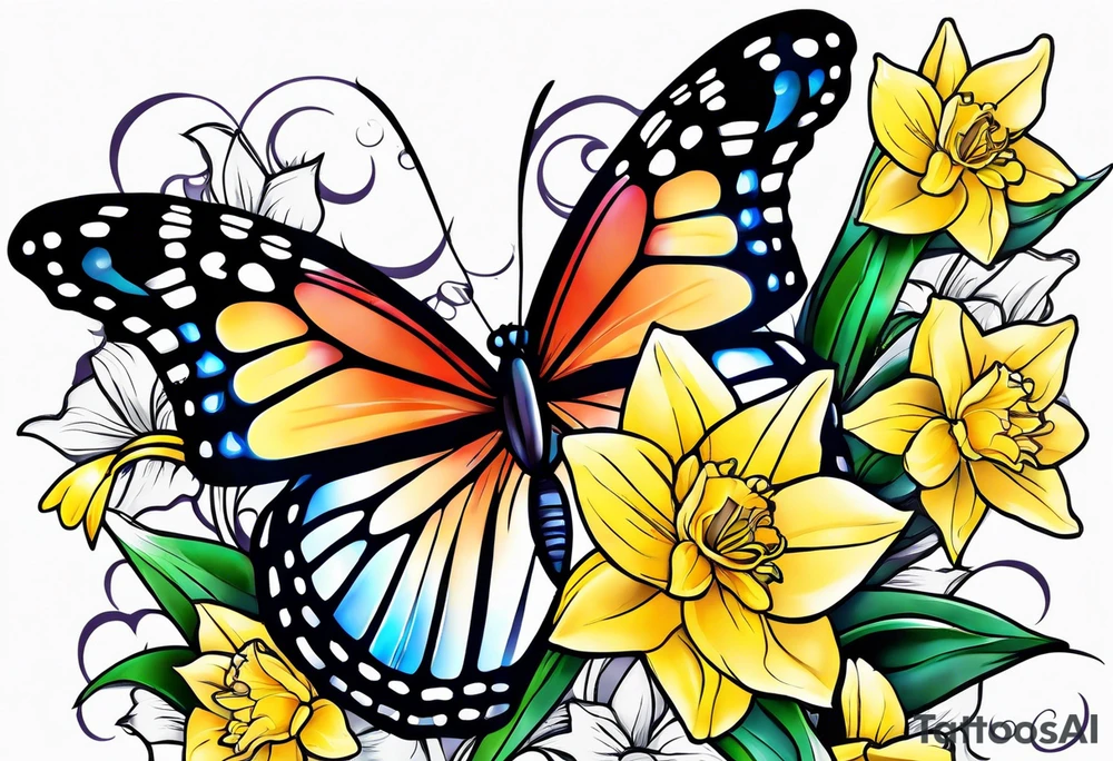Butterfly, star and daffodils tattoo idea