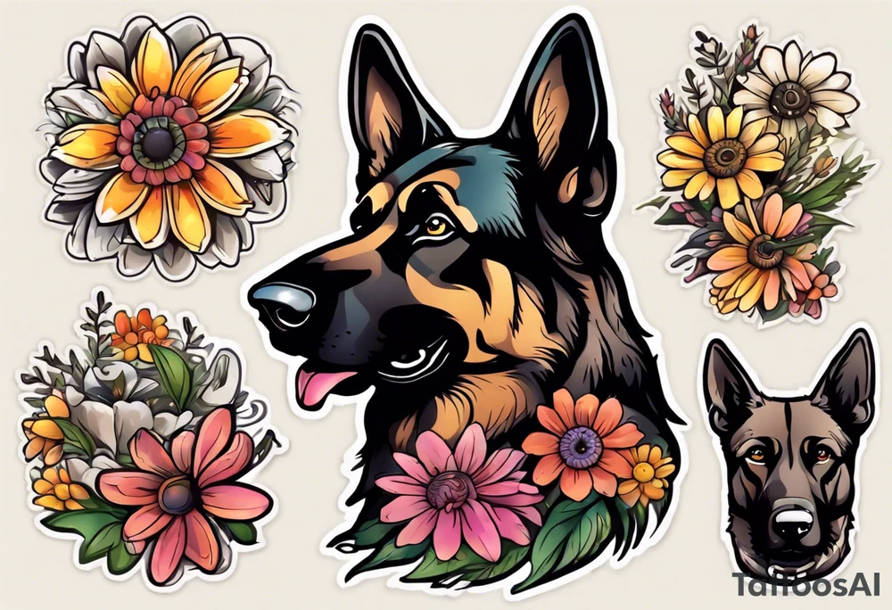Dark Brown female German shepherd portrait surrounded by  colorful daisies tattoo idea