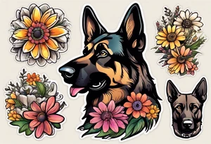 Dark Brown female German shepherd portrait surrounded by  colorful daisies tattoo idea