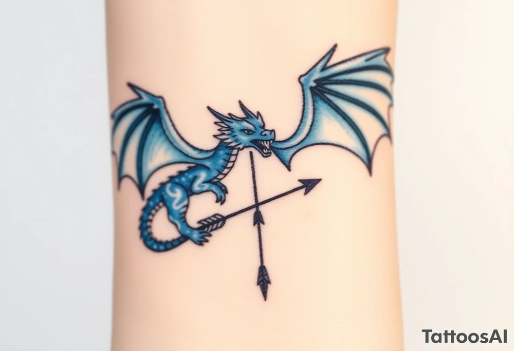 Blue fire breathing dragon with wings spread and an arrow through its chest tattoo idea