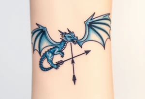 Blue fire breathing dragon with wings spread and an arrow through its chest tattoo idea
