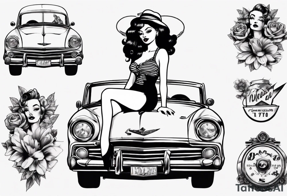 Pinup doll sitting inside an old vintage car tattoo idea Pinup doll sitting inside an old vintage car tattoo idea