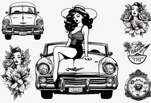 Pinup doll sitting inside an old vintage car tattoo idea