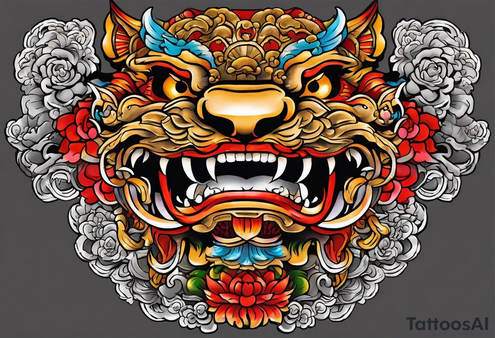 Double sided chest piece, done in Neo Japanese style of Okinawa shisa. On one side is the male with his mouth open to fend off evil, and the other side, the femal with her mouth closed to keep good in. tattoo idea