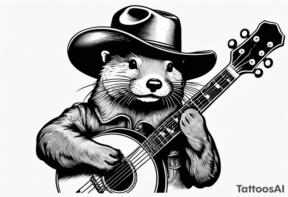an otter swimming playing a banjo wearing a cowboy hat tattoo idea