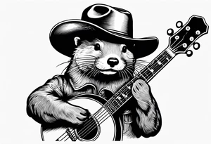 an otter swimming playing a banjo wearing a cowboy hat tattoo idea