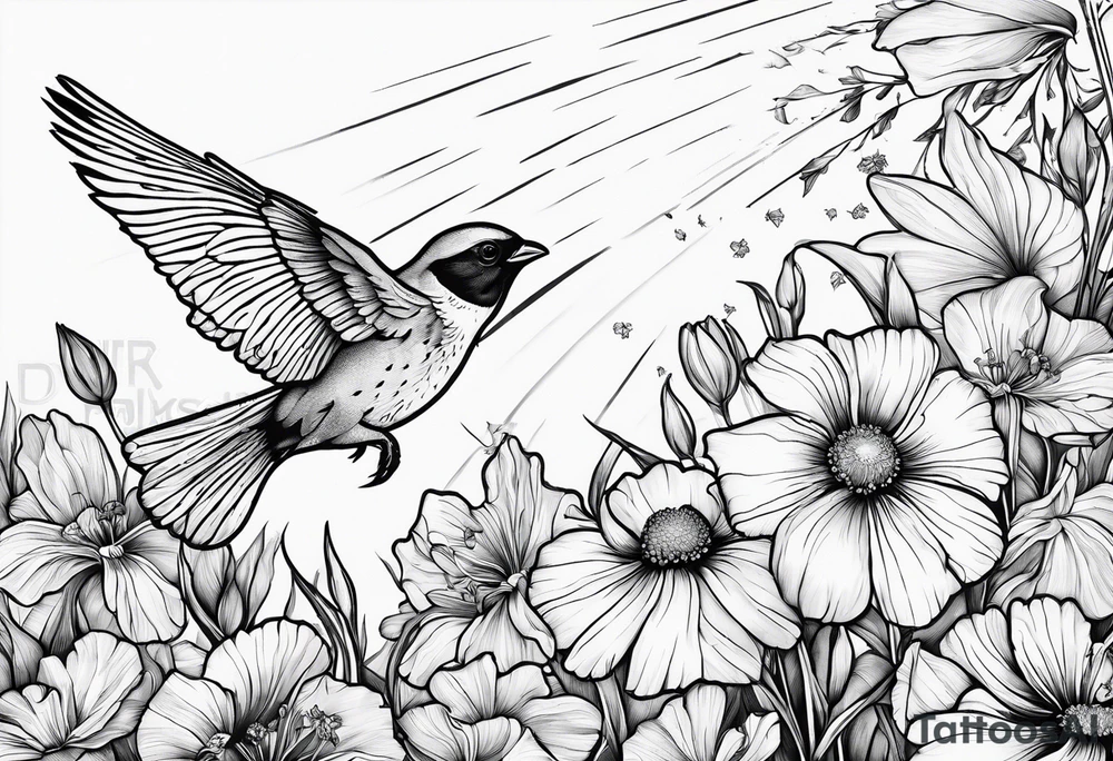 one flying 
sparrow, sunrays, 

 cosmos, iris, daisy tattoo idea