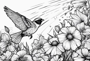 one flying 
sparrow, sunrays, 

 cosmos, iris, daisy tattoo idea