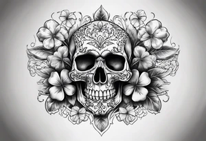 full chest tattoo with 4 leaf clover and skull inside tattoo idea