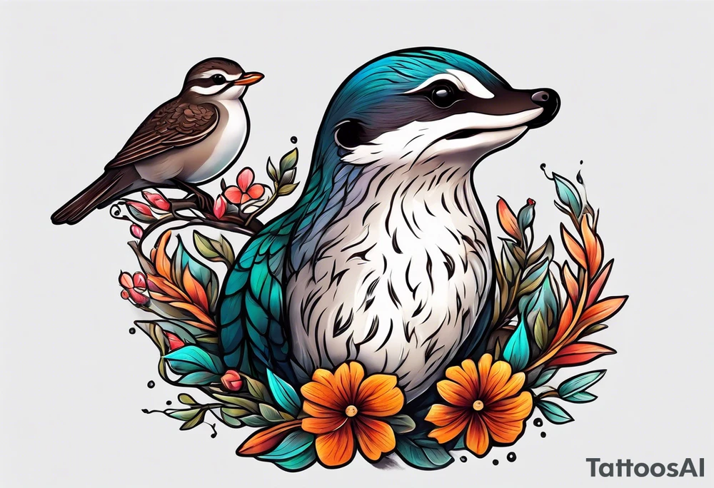 Otter and flicker bird as friends tattoo idea