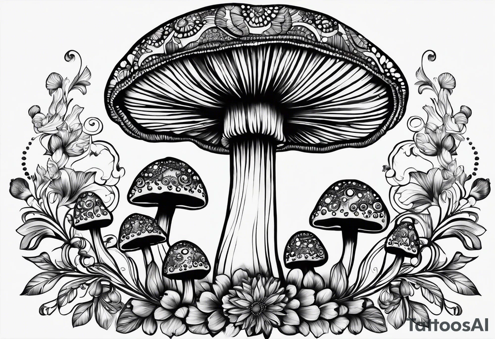 Large Shaggy cap mushroom dripping ink off cap with 4 smaller mushrooms around it mandala henna black tattoo design tattoo idea