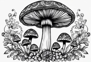 Large Shaggy cap mushroom dripping ink off cap with 4 smaller mushrooms around it mandala henna black tattoo design tattoo idea