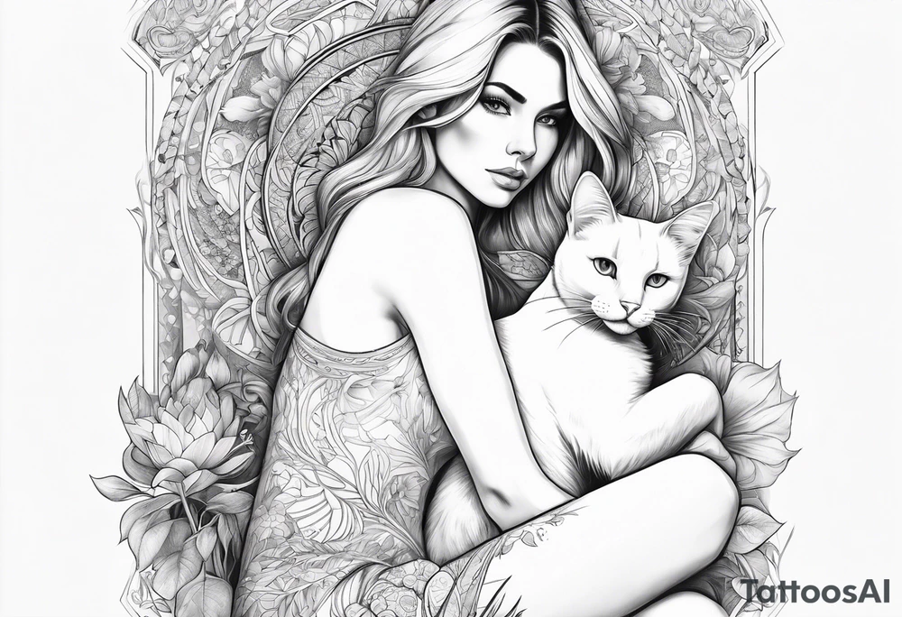 white cat sitting on beautiful woman laps tattoo idea