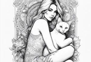 white cat sitting on beautiful woman laps tattoo idea